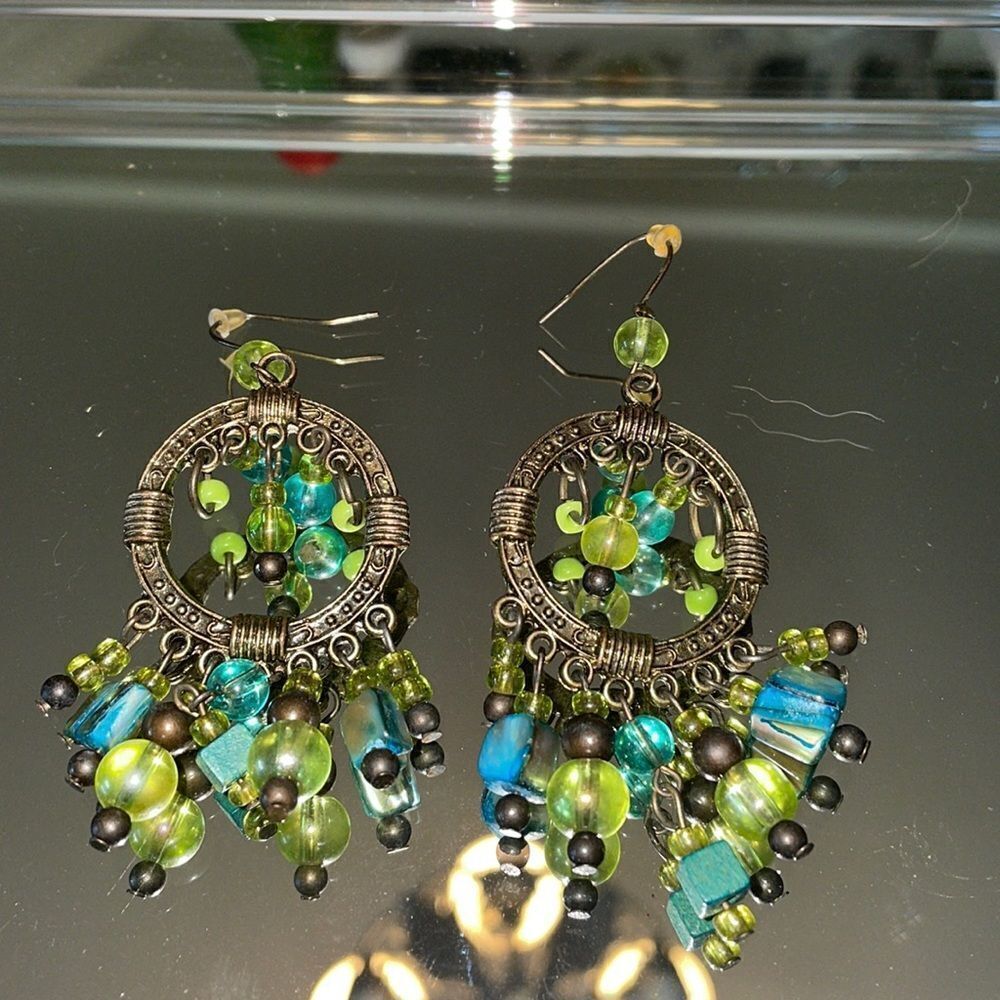 Antique Gold drop wire earrings with turquoise & light green glass stones/beads